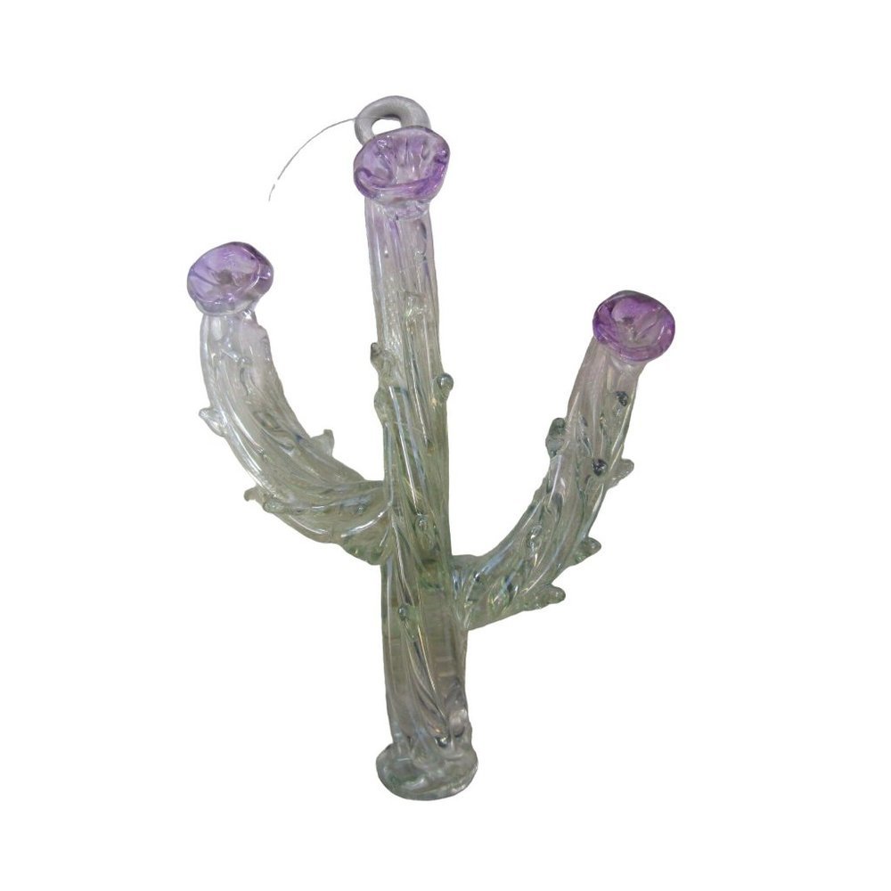Saguaro Cactus Spun Glass Ornament Purple Flowers Handmade New In Box